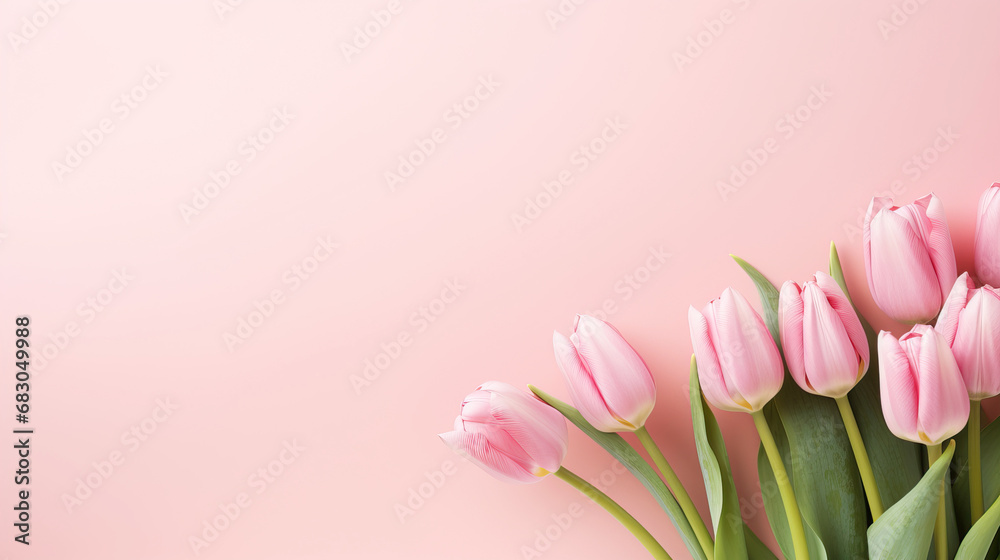 Obraz premium Pink tulips on the pink background. Valentines background.