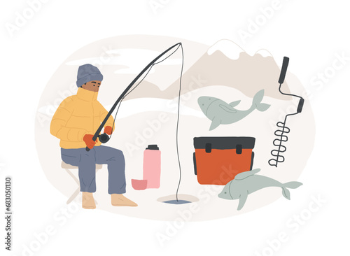 Ice fishing isolated concept vector illustration. Winter outdoor activities, ice fishing tools, equipment shop online, fisherman advice, catching, frozen lake, travel and hobby vector concept.
