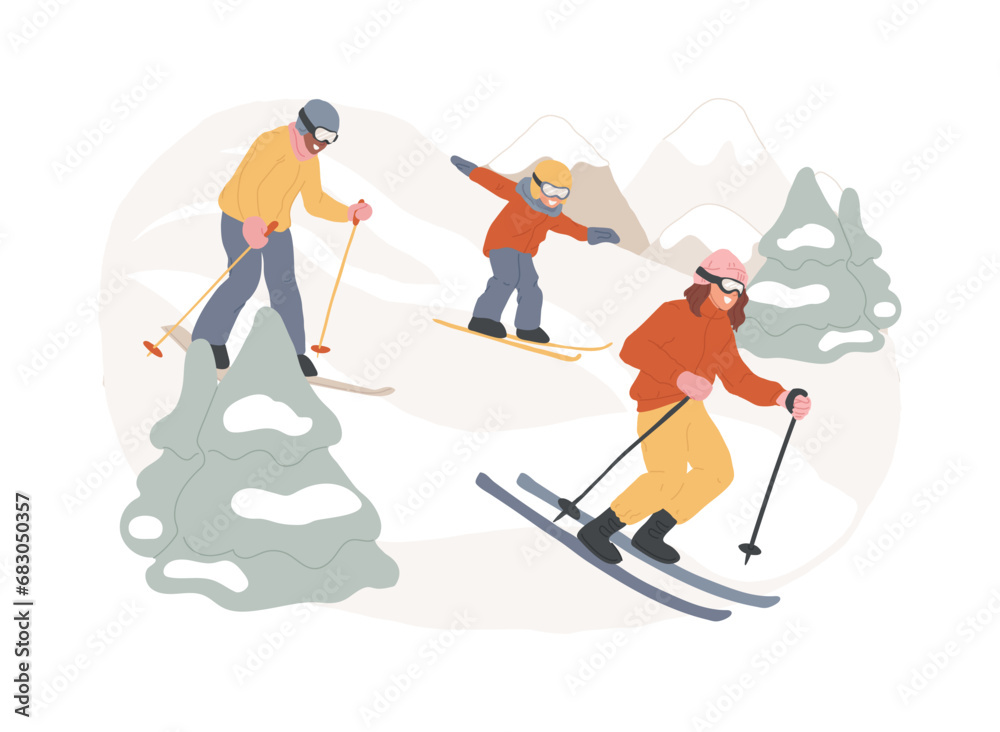Skiing isolated concept vector illustration. Winter adventure, mountain slope, outdoor sport, family fun, mountainside resort, downhill, extreme vacation, snow peak, holiday vector concept.