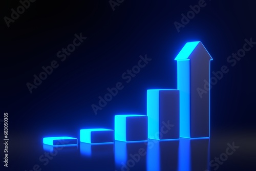 Stair with bright glowing futuristic blue neon lights on black background. Step to growth success. Progress way and forward achievement. 3D render illustration