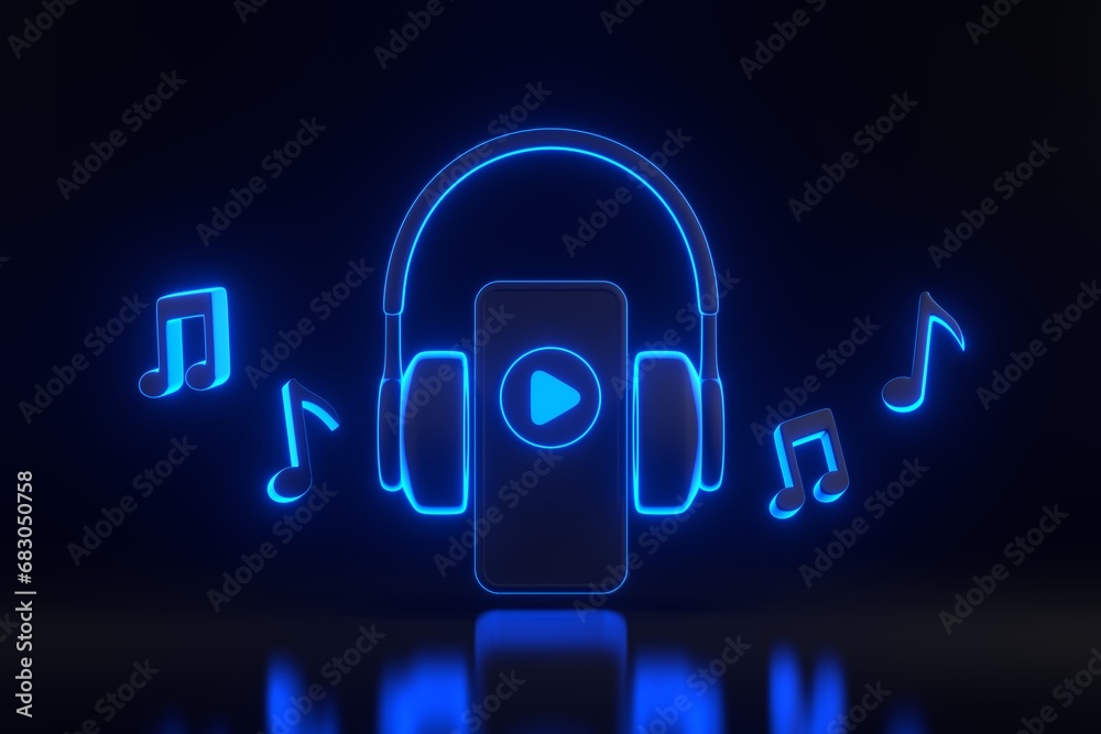 Headphones, smartphone and melody note and play symbol with bright glowing futuristic blue neon lights on black background. Concept of listening to music, radio, podcasts and books. 3D render Headphones, smartphone and melody note and play symbol with bright glowing futuristic blue neon lights on black background. Concept of listening to music, radio, podcasts and books. 3D render