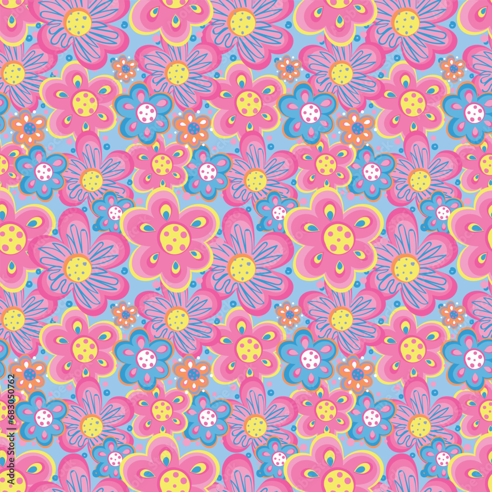 Seamless patterns with vintage groovy daisy flowers. Retro floral vector background design, textile, stationery, wrapping paper, covers. 60s, 70s, 80s style. Kids Cartoon floral ornament. Bloom print.