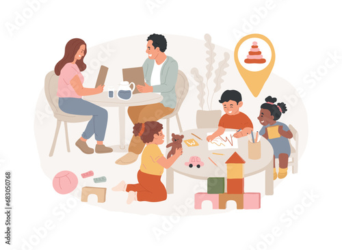 Child friendly area isolated concept vector illustration. Kid friendly area, welcome with children, family restaurant dining, entertainment service, shopping center playground vector concept.