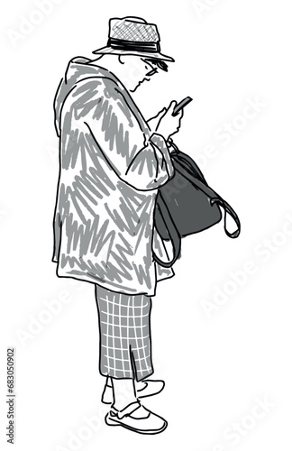 Hand drawing of casual  elderly woman in hat with backpack standing alone outdoor and looking at smartphone