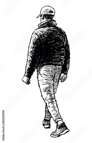 Hand drawing of casual city dweller walking alone outdoor