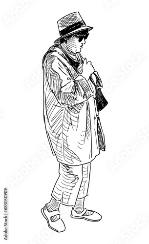 Hand drawing of casual elegant elderly woman in hat and sunglasses standing alone outdoor
