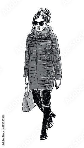 Hand drawing of casual young slim fashionable young woman walking down street alone