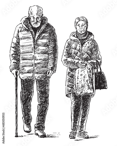 Hand drawing of couple old spouses walking outdoors together