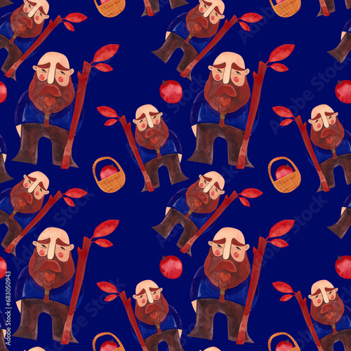 Watercolor seamless pattern with autumn gnomes . Seasonal wrapping paper. Fall. Raster illustration for packaging, wallapers, wrapping paper, textile. Blue background photo