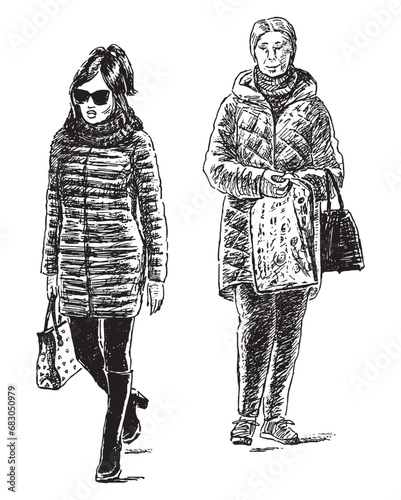 Hand drawing of two casual towns women walking down street