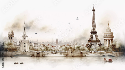 Drawing of Paris with landmark and popular for tourist attractions