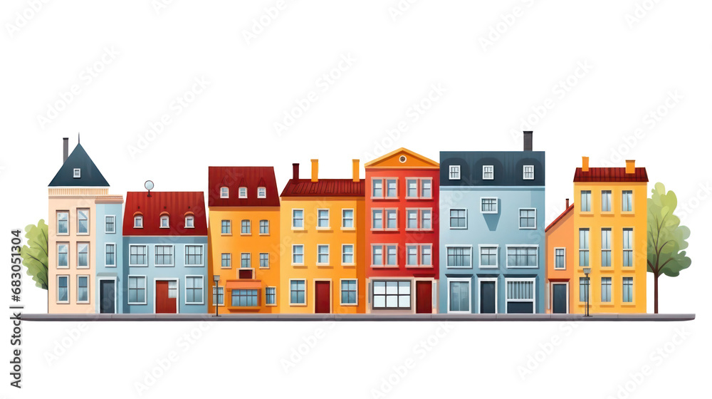 City street house facades and lady in bright beautiful color isolated on white background close up