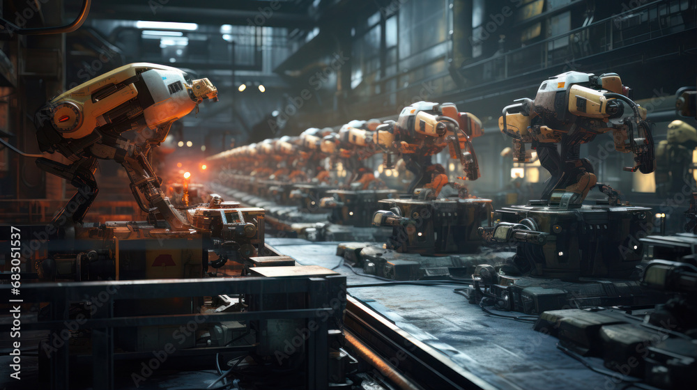 robot assembles other robots on a conveyor belt in a factory