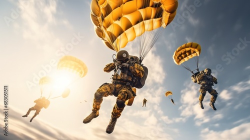 US Army. Patriotism Concept. Military Concept. Army Parachutist flying in the sky.  photo
