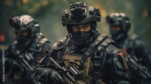 Group of special forces soldiers in full gear. Selective focus. Patriotism Concept. Military Concept.