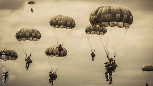 Parachutist in the sky with a group of paratroopers. Patriotism Concept. Military Concept. photo