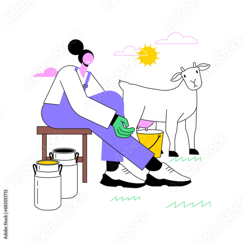 Organic goat milk isolated cartoon vector illustrations. Young farmer milks a goat, modern agriculture, organic farming industry, livestock farm, countryside lifestyle vector cartoon.