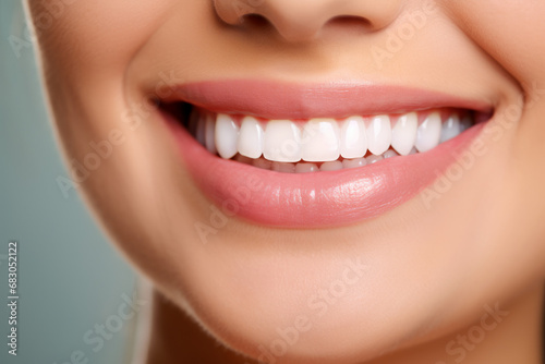 Closeup of beautiful female smile with healthy teeth. Studio shot.