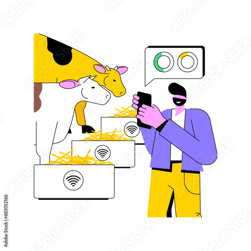 Livestock feeding statistics isolated cartoon vector illustrations. Farmer with smartphone controls livestock feeding data, modern agriculture, agribusiness idea, smart farming vector cartoon.