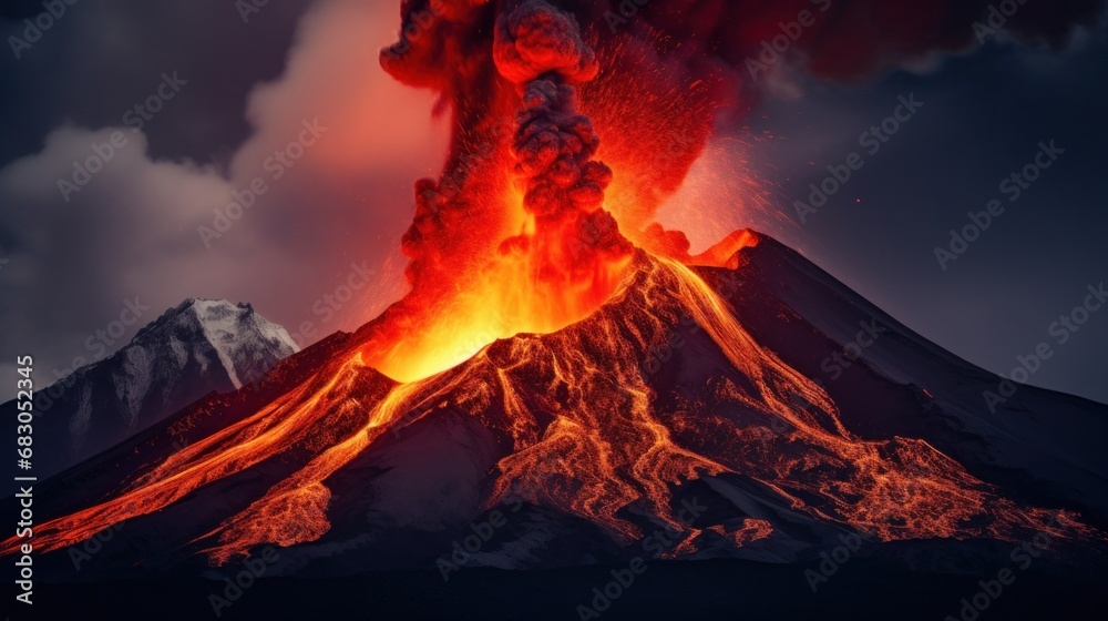 a volcano erupting in a fiery display of molten lava and ash