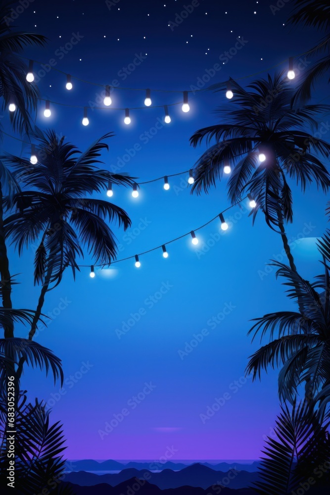 summer night party beach palms with light bulb garlands. large copyspace area, offcenter composition