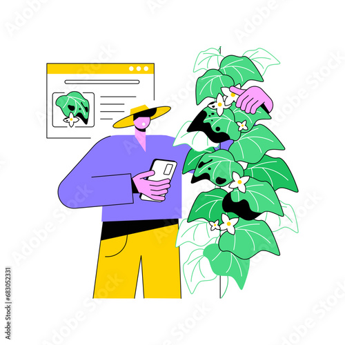 Crop diseases detection isolated cartoon vector illustrations. Farmer detects agriculture diseases using smartphone, agribusiness industry, smart farming, modern technology vector cartoon.
