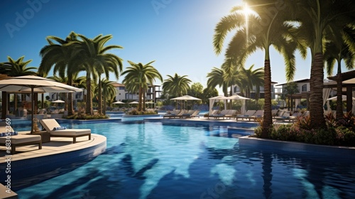 a high-end resort-style pool with elegant cabanas and sparkling blue water photo