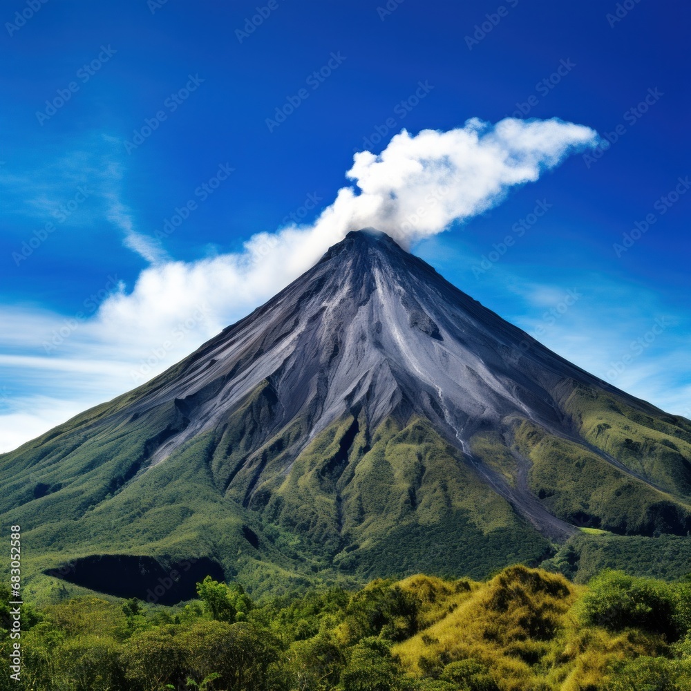 the awe-inspiring power and beauty of a towering volcano set against a clear blue sky.