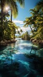 a pool in a tropical location, complete with palm trees, clear water, and sunshine