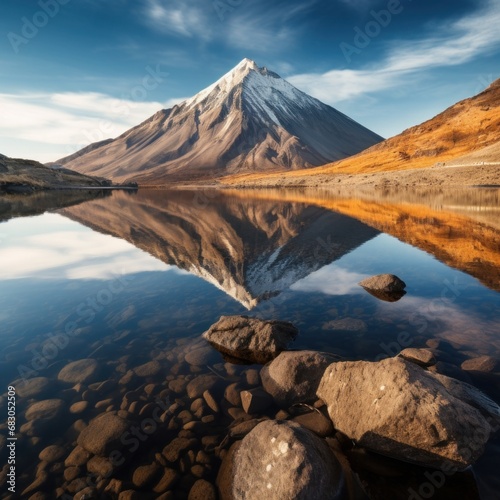 captures the serene beauty of a volcanic mountain reflected in a calm, crystal-clear lake