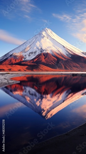captures the serene beauty of a volcanic mountain reflected in a calm, crysta...
