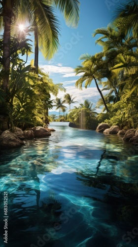 a pool in a tropical location  complete with palm trees  clear water  and sunshine