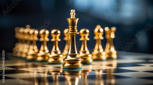 Gold chess on chess board game for business metaphor leadership concept photo