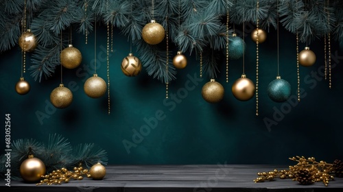 hristmas decorations with bows and balls on a green background