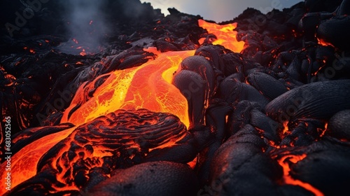 heat and energy of a volcano's lava captures the molten rock as it cascades down the mountainside