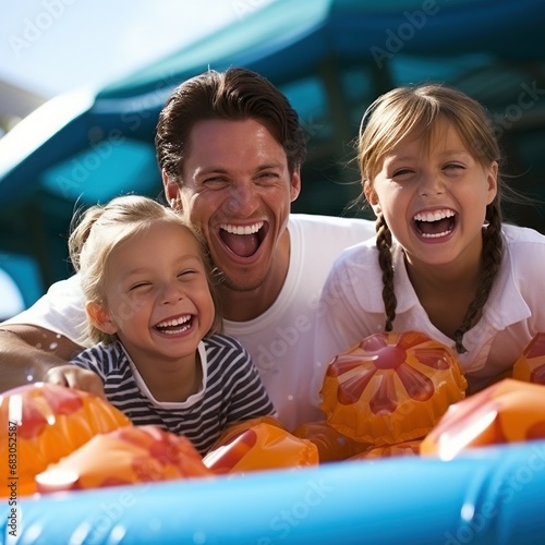 happy family enjoying a day in pool, with kids playing on inflatables and par...