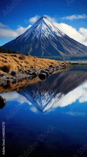 captures the serene beauty of a volcanic mountain reflected in a calm, crysta...