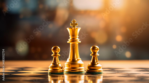 Gold chess on chess board game for business metaphor leadership concept