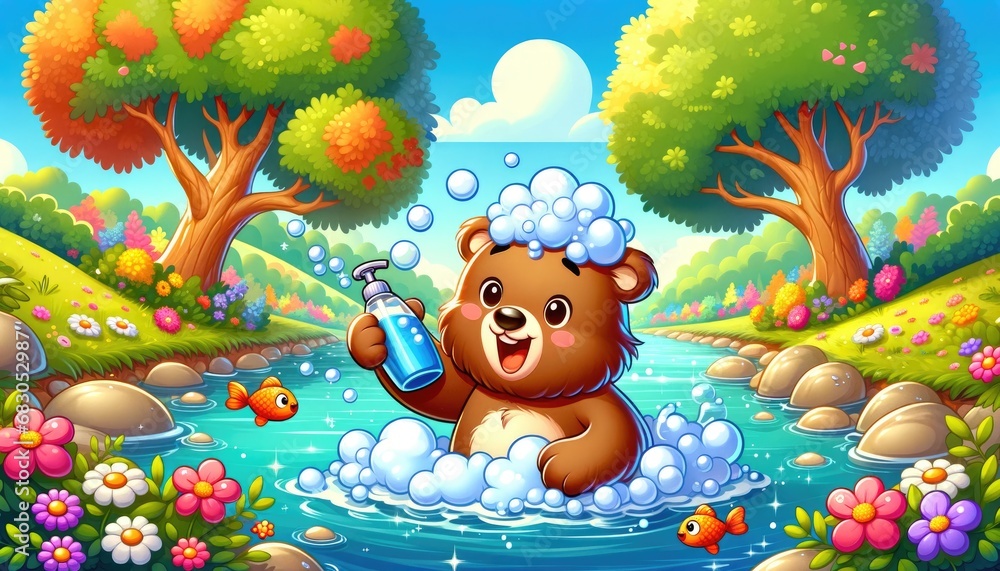 Naklejka premium Cartoon Bear Bathing in River