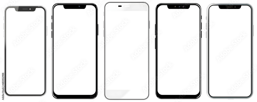 set of smartphone mock-ups with blank white screen isolated on transparent background - design element PNG cutout collection - obrazy, fototapety, plakaty 