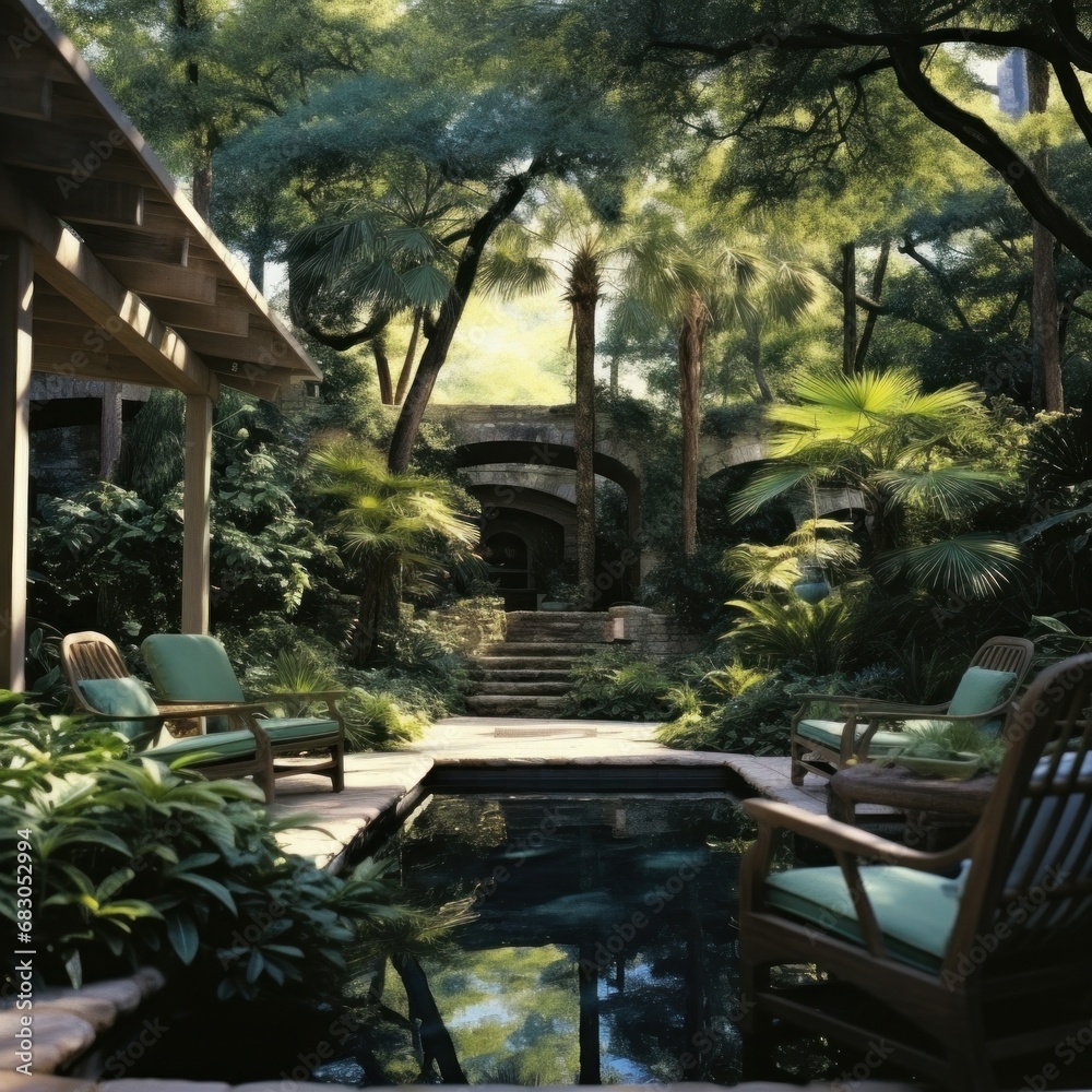 a pool surrounded by lush greenery and lounge chairs, perfect for a peaceful afternoon