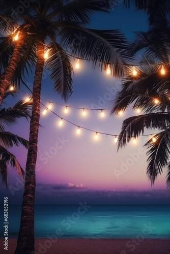 summer night party beach palms with light bulb garlands. large copyspace area  offcenter composition