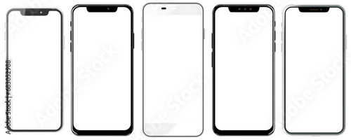 set of smartphone mock-ups with blank white screen isolated on transparent background - design element PNG cutout collection photo