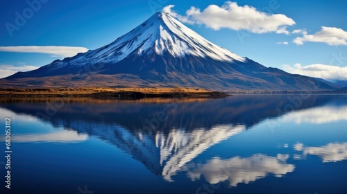 captures the serene beauty of a volcanic mountain reflected in a calm, crysta...