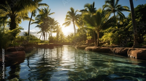 a pool in a tropical location, complete with palm trees, clear water, and sunshine
