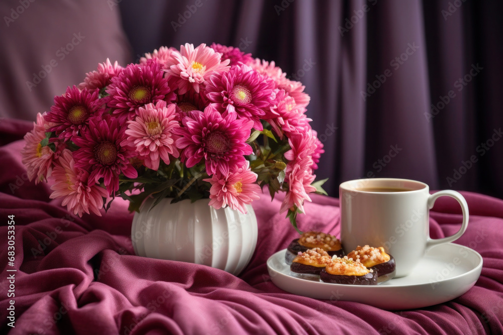 Cup of coffee and chrysanthemum at morning. Flowers bouquet in bed.
