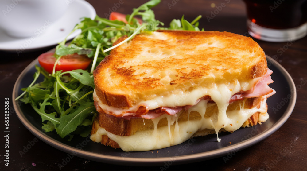 Grilled sandwich. Classic French grilled sandwich. Toasted bread, ham and cheese.