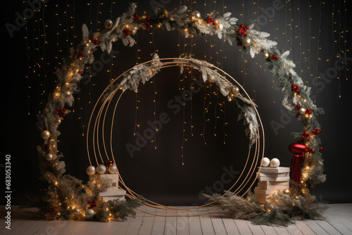 Beautiful christmas photography set up  with a garnald  holliday lights  ornaments for portrait photography on interior