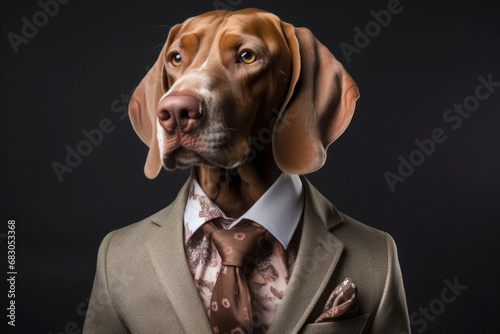 Portrait of dog in human clothing. Creative portrait of dog wearing business suit on abstract background. Anthropomorphic animal © Lazy_Bear