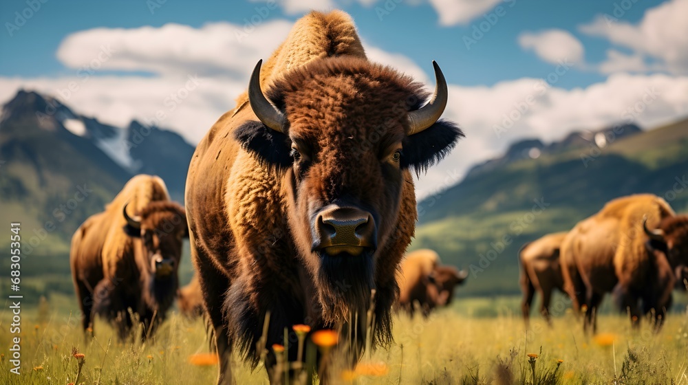 Bison Herd Grazing in Mountain Meadow